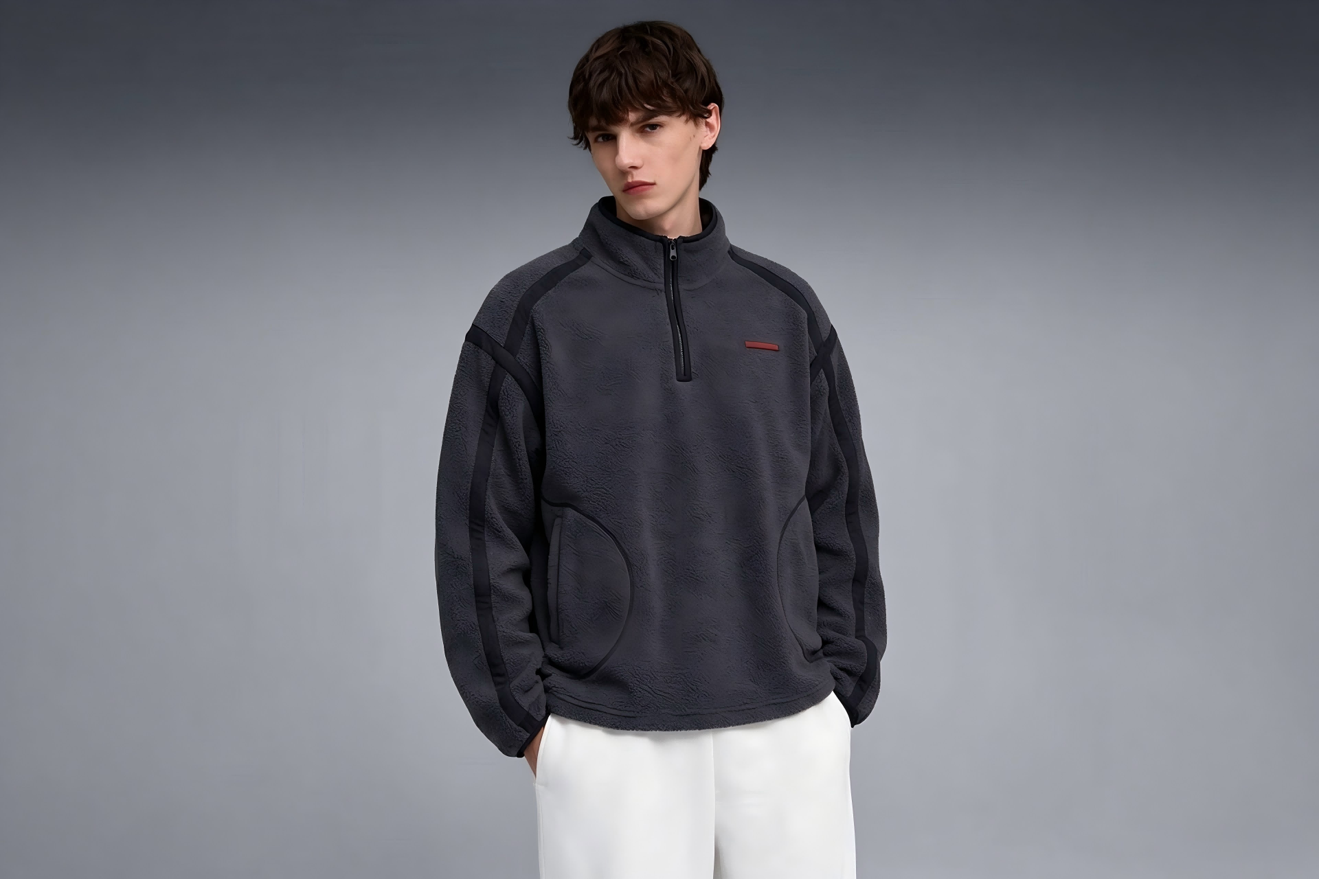 Mens Quarter Zip Sherpa Fleece Pullover Contrast Striped Stand Collar Loose Warm Sweatshirt